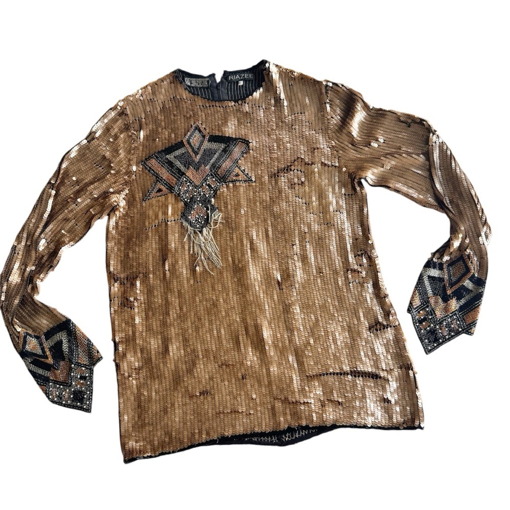 Vintage Riazee Hand Embroidered Sequin Blouse Cooper Size 6